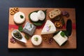 Food concept assortment French organic fresh goat cheese on wooden cheese board on black background with copy space
