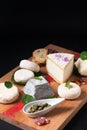 Food concept assortment French organic fresh goat cheese on wooden cheese board on black background with copy space