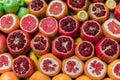 Food concept background. Pomegranates citrus and other fresh fruits on the counter on the street in Istanbul. Fresh fruit Royalty Free Stock Photo