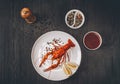 Food concept. Boiled big red fresh crawfish in white plate with lemon slices Royalty Free Stock Photo