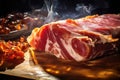 Food concept. Cured pork leg of jamon on a wooden table on a black background. Delicious shot with bacon. Close-up.