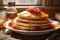 Delicious pancakes with berries and syrup