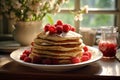 Delicious pancakes with berries and syrup