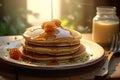 Delicious pancakes with berries and syrup