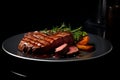 Grilled meat steak on plate in black background with copy space Royalty Free Stock Photo