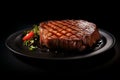 Grilled meat steak on plate in black background with copy space Royalty Free Stock Photo