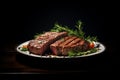 Grilled meat steak on plate in black background with copy space Royalty Free Stock Photo