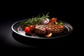 Grilled meat steak on plate in black background with copy space Royalty Free Stock Photo