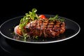 Grilled meat steak on plate in black background with copy space Royalty Free Stock Photo
