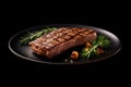 Grilled meat steak on plate in black background with copy space Royalty Free Stock Photo