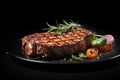 Grilled meat steak on plate in black background with copy space Royalty Free Stock Photo