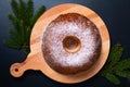 Food Concept homemade Gugelhupf, Guglhupf, Kugelhopf, kouglof bundt yeast cake of Central Europe on black background