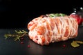 Food concept homemade raw Stuffed Pork Tenderloin on black slate Royalty Free Stock Photo