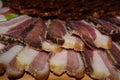 Food concept local organic piece of bacon or pama ham on wooden board Royalty Free Stock Photo