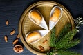 Food concept Oriental arab dessert baklava walnuts on black slate board with copy space