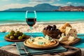 Food Concept Red Wine Feta Cheese Olives Bread Pizza On Blue Turquoise Wooden Table With Sand Beach In Background - Generative AI