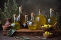 Set of olives oil bottles and fruits background. Generative AI Royalty Free Stock Photo