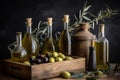 Set of olives oil bottles and fruits background. Generative AI Royalty Free Stock Photo