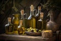 Set of olives oil bottles and fruits background. Generative AI Royalty Free Stock Photo