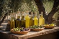 Set of olives oil bottles and fruits background. Generative AI Royalty Free Stock Photo