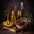 Set of olives oil bottles and fruits background. Generative AI Royalty Free Stock Photo