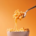 Food concept. A spoon of Macaroni Mac and Cheese baked cheesy with melting dripping cheese American classic staple