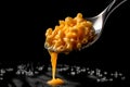 Food concept. A spoon of Macaroni Mac and Cheese baked cheesy with melting dripping cheese American classic staple