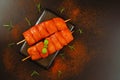 Food concept.Top view.Chicken breast Fillets.Fresh raw marinated chicken fillet skewers with fresh herbs on a black Royalty Free Stock Photo