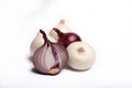 Food concept on white background, group of white and red onions Royalty Free Stock Photo