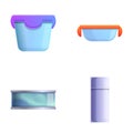 Food container icons set cartoon vector. Various product storage container