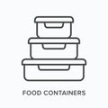 Food containers flat line icon. Vector outline illustration of lunchbox. Black thin linear pictogram for plastic meal