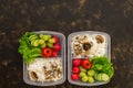 Food in containers, rice with mushrooms and fresh vegetables-lettuce,radishes,grapes,cucumbers, tomatoes. Dark background, top vie