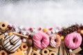 Food containing sugar. mix of sweet donuts, cakes and candy with sugar spread and written text in unhealthy nutrition, chocolate Royalty Free Stock Photo