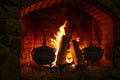 Food is cooked in the fireplace. Spread the fire. Bonfire and firewood. Fire. Cast iron casserole in the oven. Logs in