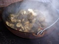 Food is cooked in a large cauldron outdoors