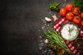 Food cooking background on black kitchen table.