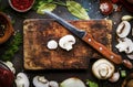 Food cooking background. Fresh organic vegetables, ingredients, spices and meat for warm autumn soup on vintage kitchen table with Royalty Free Stock Photo