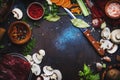 Food cooking background. Fresh organic vegetables, ingredients, spices and meat for warm autumn soup on vintage kitchen table with Royalty Free Stock Photo