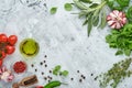 Food cooking background. Fresh saffron, garlic, cilantro, basil, cherry tomatoes, peppers and olive oil, spices herbs and vegetabl Royalty Free Stock Photo