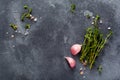 Food cooking background. Spices herbs and garlic at black slate table. Food ingredients top view Royalty Free Stock Photo