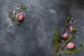 Food cooking background. Spices herbs and garlic at black slate table. Food ingredients top view Royalty Free Stock Photo