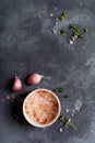 Food cooking background. Spices herbs and garlic at black slate table. Food ingredients top view Royalty Free Stock Photo