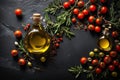 Food cooking background. tomatoes, peppers and olive oil, spices herbs and vegetables at black slate table Royalty Free Stock Photo