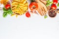 Food cooking ingredients background on white top view. Royalty Free Stock Photo