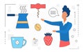 Food cooking, man character with tools line icon for making drink isolated Royalty Free Stock Photo