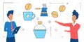 Food cooking, people with cupcake dessert and coffee drink line icon isolated