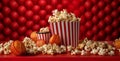 cinema bucket box popcorn film stripes blue background corn red food. Generative AI. Royalty Free Stock Photo