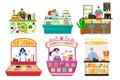 Food counters shops set of flat isolated vector illustrations, street vendor booth and farm market food stalls, carts Royalty Free Stock Photo