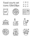 Food court icon set vector. Pizza, alcohol, drinks are shown. Grill, fish, seafood menu. Snacks, salad, torts are