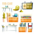 Food court interior elements cartoon vector set Royalty Free Stock Photo